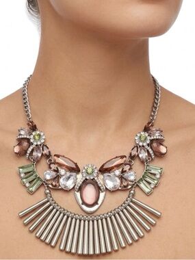 Gold Multicolor Glass Statement Necklace Bold Exaggerated Metal Design